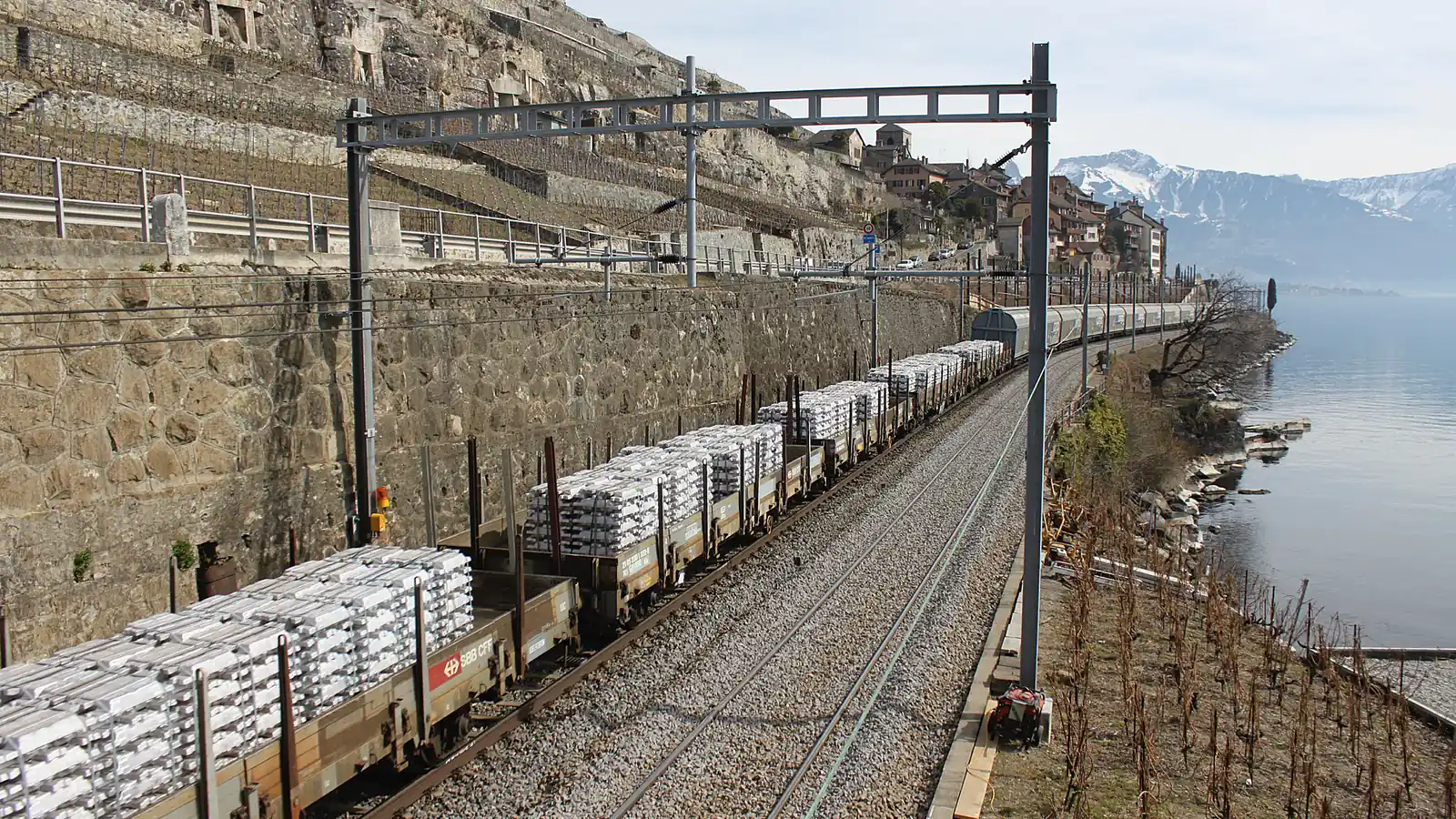 Stacked aluminium ingots at a metal yard in St-Saphorin, Switzerland.